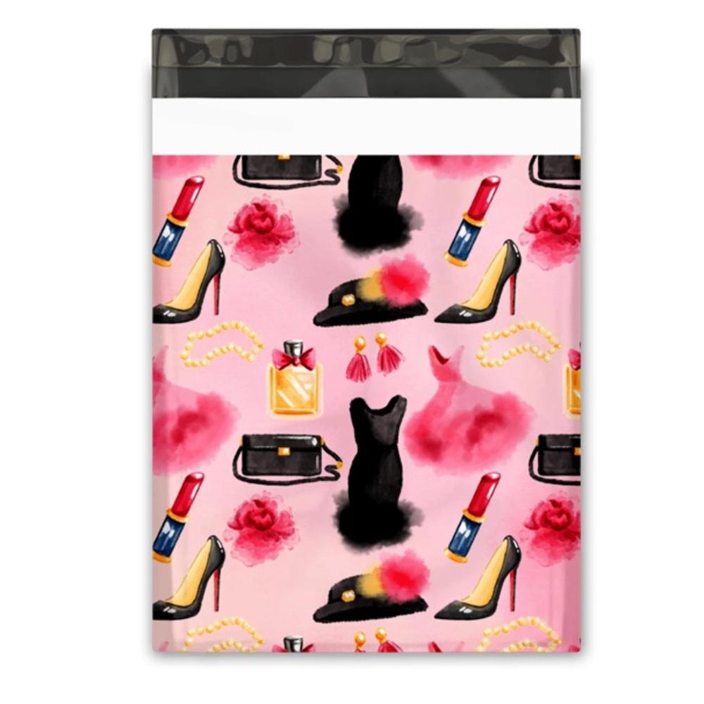 Set of 20 10x13 Fashion Boutique Poly Mailers Pink High Heel Purse Lipstick New - Picture 2 of 2